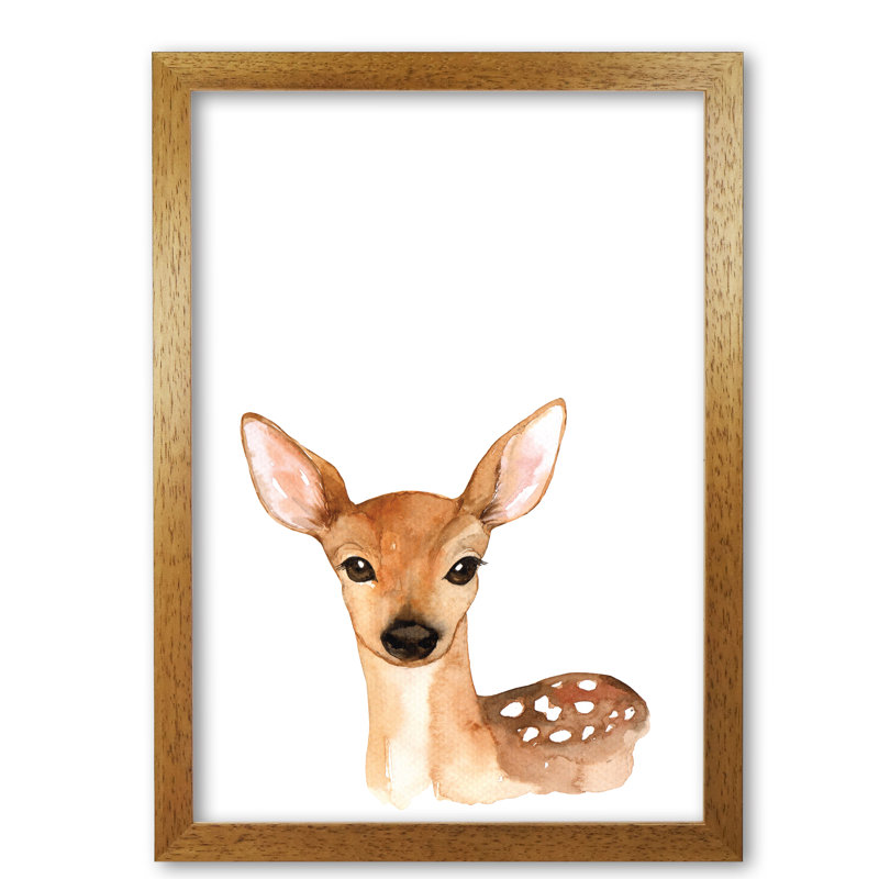 Forest Friends, Cute Deer - Painting, 60 cm H x 42 cm W x 5 cm D, Honey Oak Frame
