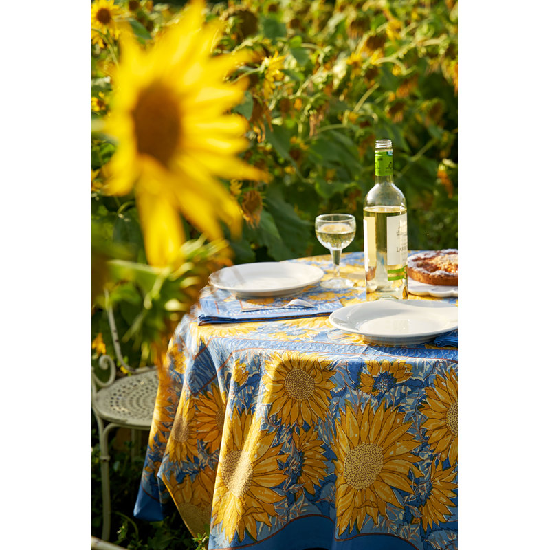Sunflower Handmade Floral Tablecloth, Blue, 90" W x 90" L