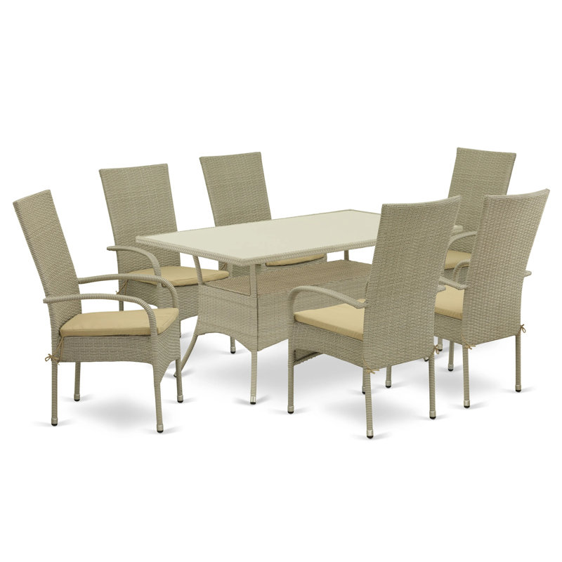 7 Piece Patio Furniture Sets Wicker Outdoor Set Consist of a Rectangle Dining Table with Glass Top and 6 Balcony Armchair with Cushion, Natural Linen
