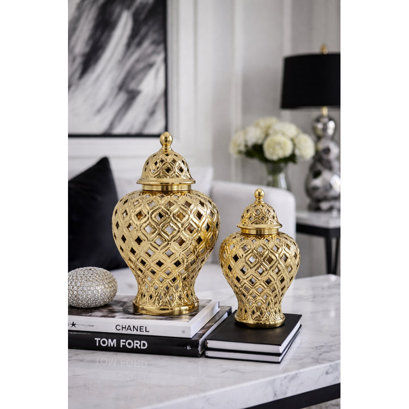 Ava Handmade Ceramic Ginger Jar, 13" H x 8" W x 8" D, Gold