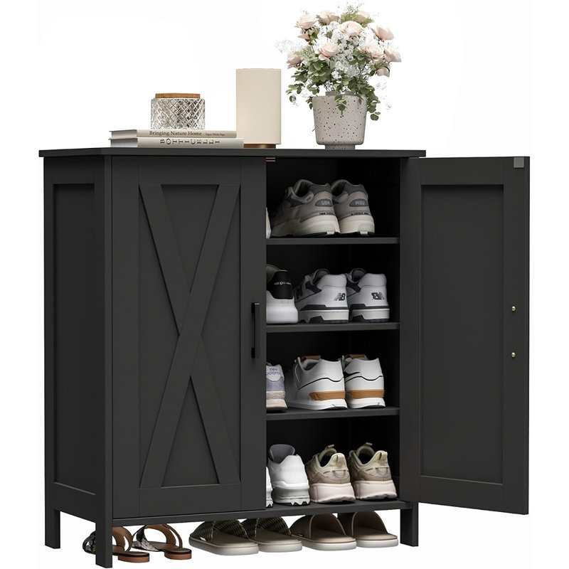 Meuble à chaussures de style champêtre avec 2 portes coulissantes, 3 étagères réglables, haut meuble de rangement à chaussures à 4 niveaux avec pieds en bois, noir