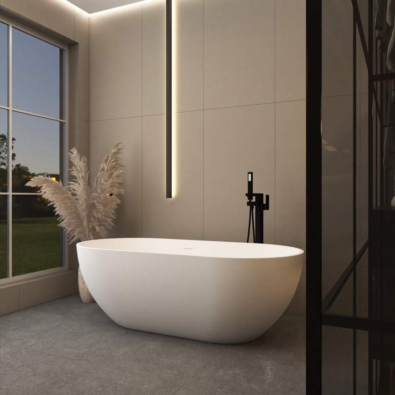 63'' x 29'' Freestanding Soaking Solid Surface Bathtub in Matte White