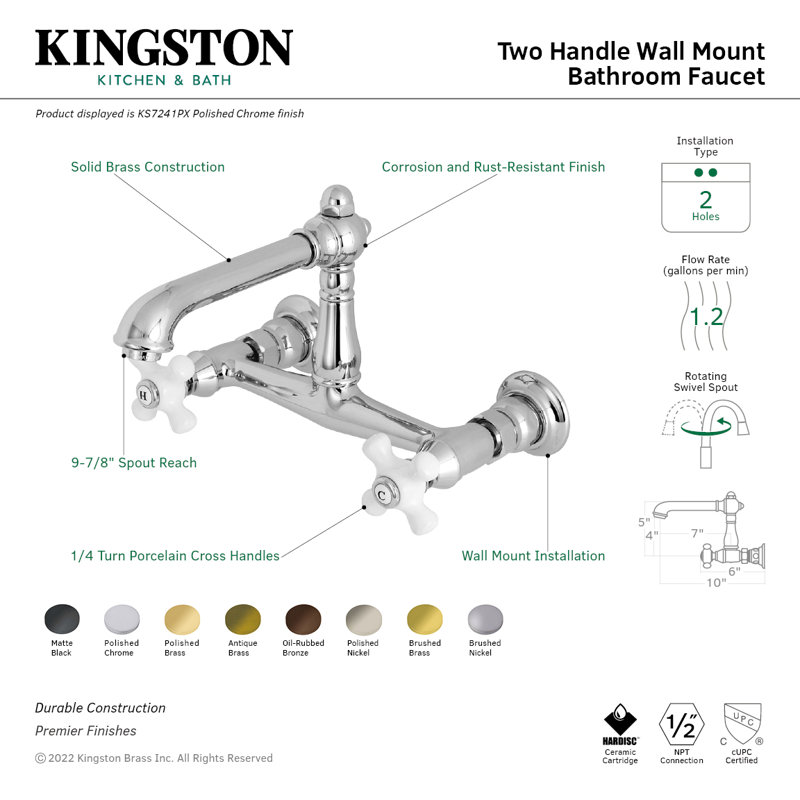 Kingston Brass English Country Two-Handle 2-Hole Wall Mount Bathroom Faucet, Brushed Nickel