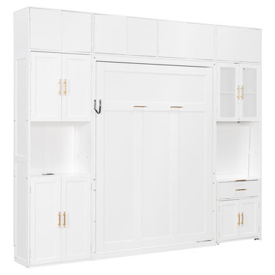 Lit escamotable double vertical avec bureau escamotable, armoire de rangement, tablettes éclairées et station de charge