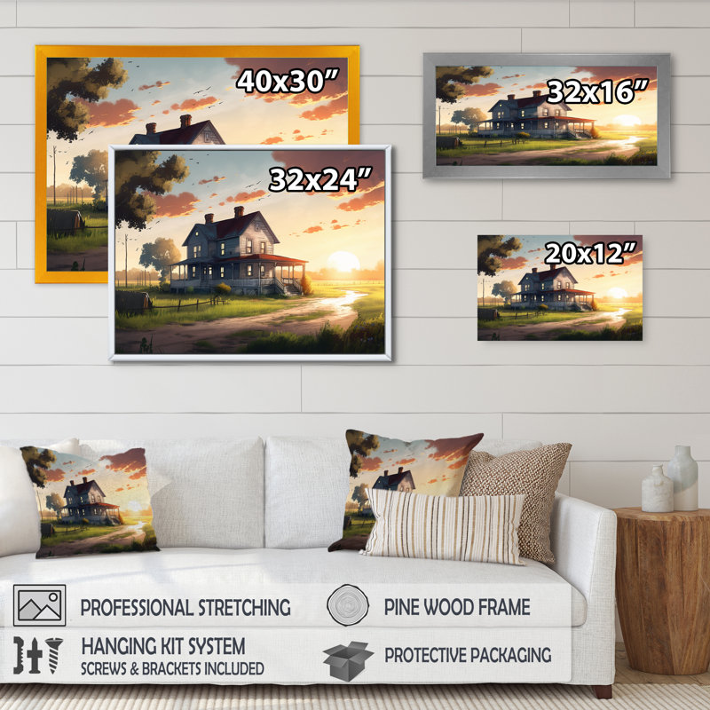 «Burning Sky At Sunset Farmhouse III» - Décoration murale paysage de ferme, H 12 po x l 20 po, Cadre flottant doré
