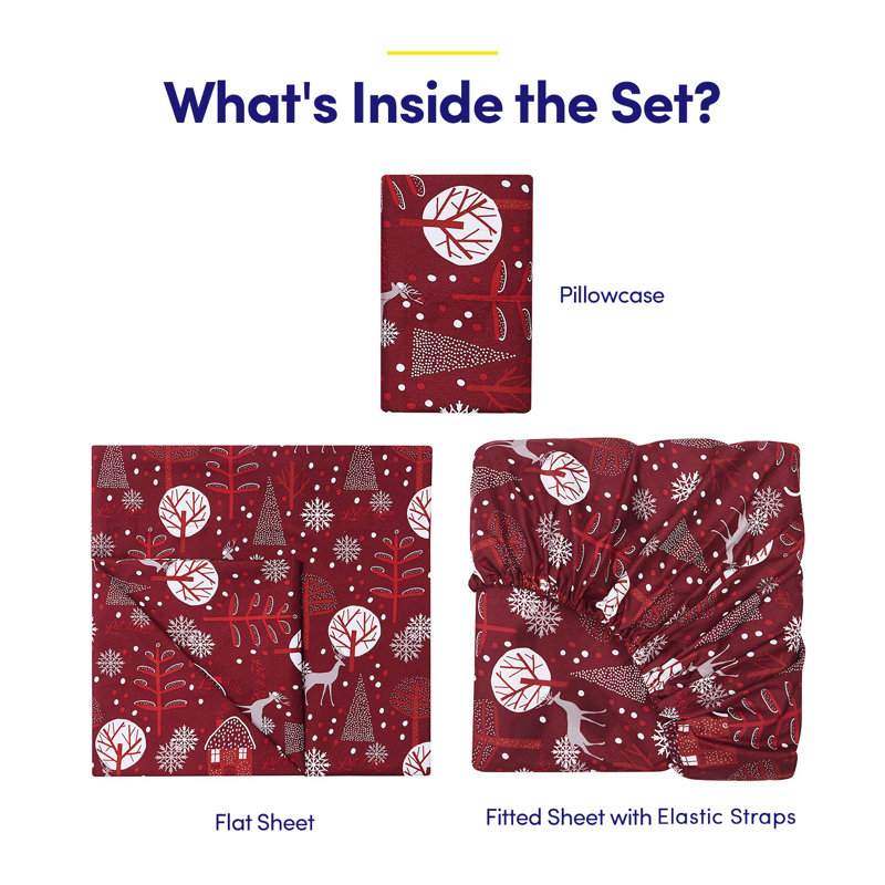 Printed Holiday 3Pc Sheet Sets, Easy Care, Soft & Wrinkle-Resistant Holiday Bedding - Snowy Nights, Twin