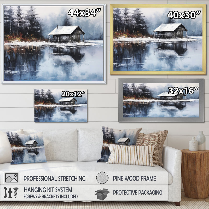 Cozy Snow Cabin IV sur toile, H 34 po x l 44 po x P 1,5 po, Cadre flottant doré