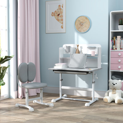 Qaba Gray Height-Adjustable Kids Desk & Chair Set with Tilt Desktop & Reading Rack by Zoomie Kids