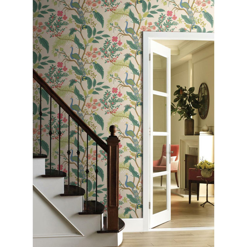 Peacock 27' x 27" Wallpaper Roll, Light Pink/Green