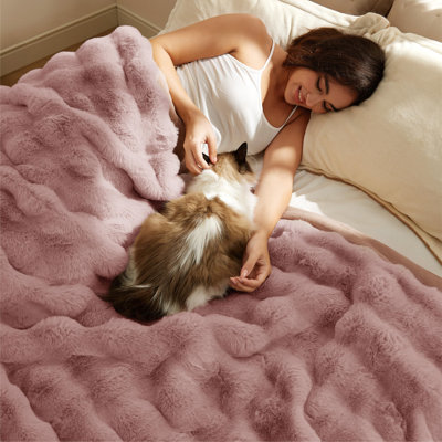 Bedsure Fluffy Faux Fur Throw Blanket – Soft Bubble Blanket for Sofa & Dorm Room – Adobe Rose – Gift for Teen Girls