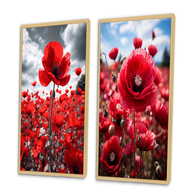 Symphonie écarlate «Flower Field» - 2 pièces, H 32 po x l 32 po, Encadrement brun