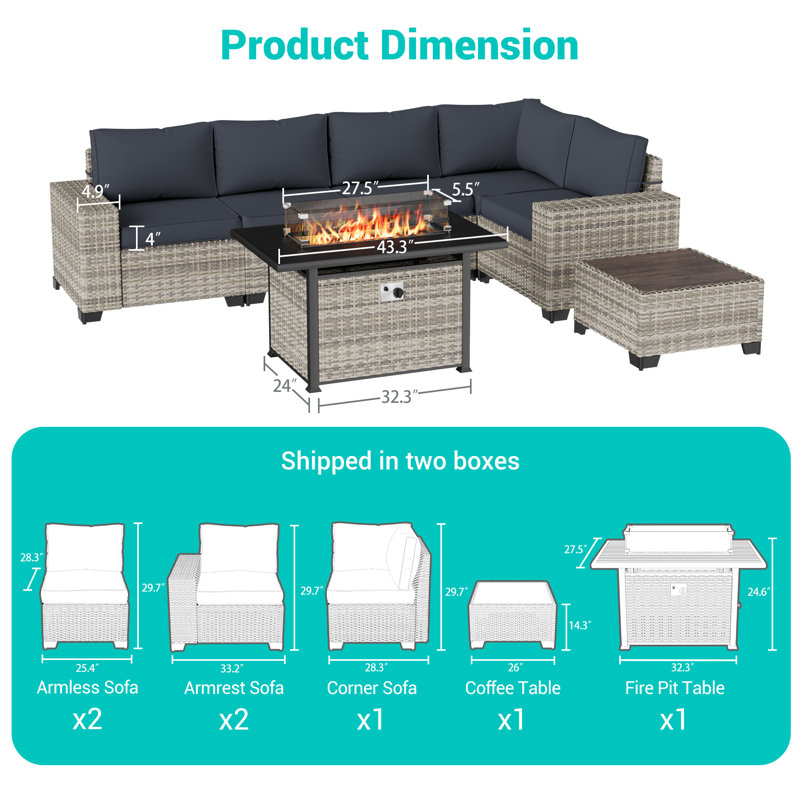 Ensemble de mobilier d'extérieur 7 pièces avec table de foyer d'extérieur 55 000 BTU Muphyer, ensemble de conversation modulaire en rotin de rotin avec coussins épaissis et table basse