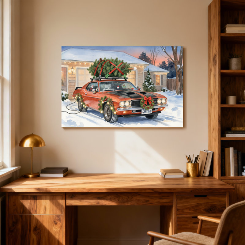 Voiture de Noël avec arbre et lumières, H 16 po x l 24 po