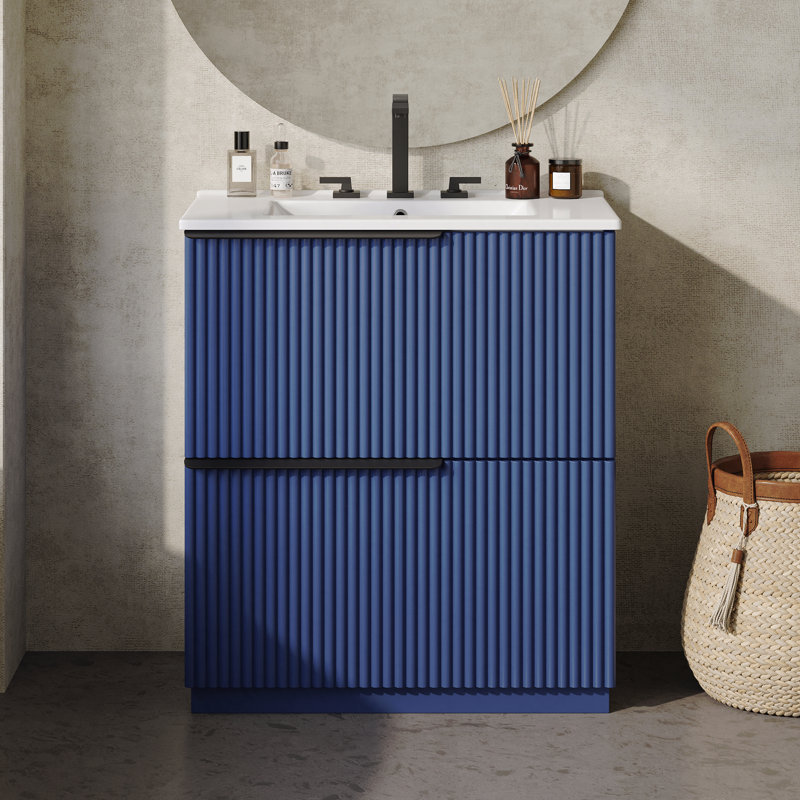 Meuble-lavabo de 30 po avec lavabo en céramique, tiroirs pleine extension, conception cannelée, glissières de tiroir à fermeture en douceur
