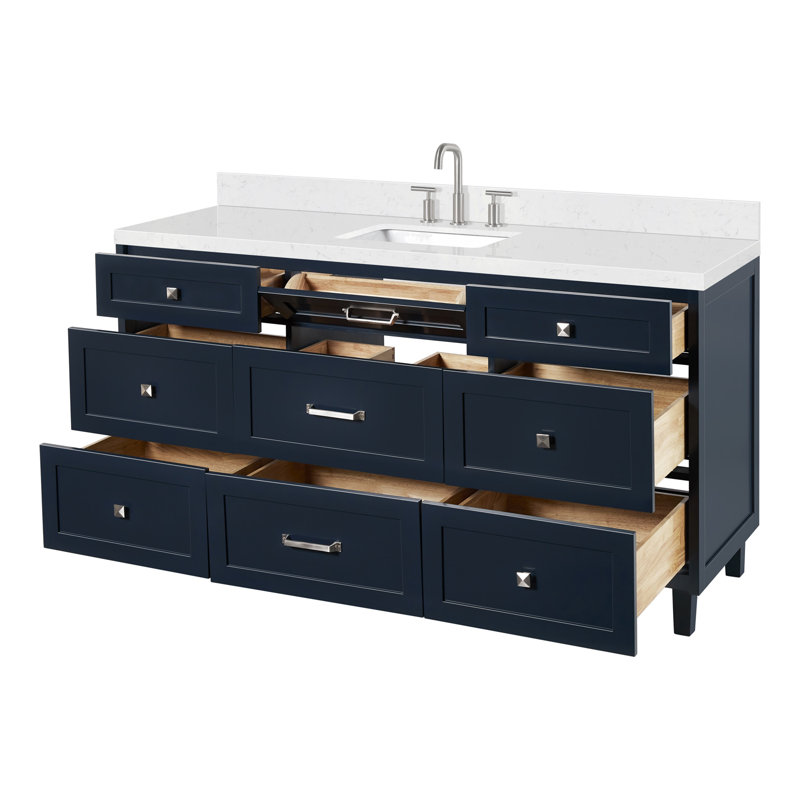 Meuble-lavabo simple en bois massif ARIEL Monroe, Bleu minuit, 66" - 67", Carrara White Quartz