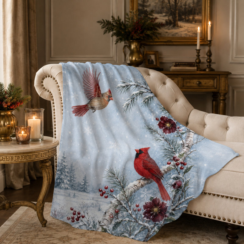 Jeté Snowy Cardinal avec oiseaux rouges, branches de bouleau, aiguilles de pin et baies d'hiver, couche de flanelle pour canapé, chambre et détente saisonnière, 40 po x 50 po