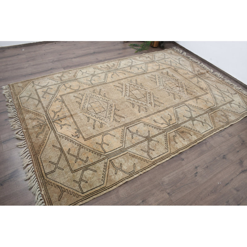6.4x9.7 Ft Beige Wool Rug, Classic Geometric Pattern Rug