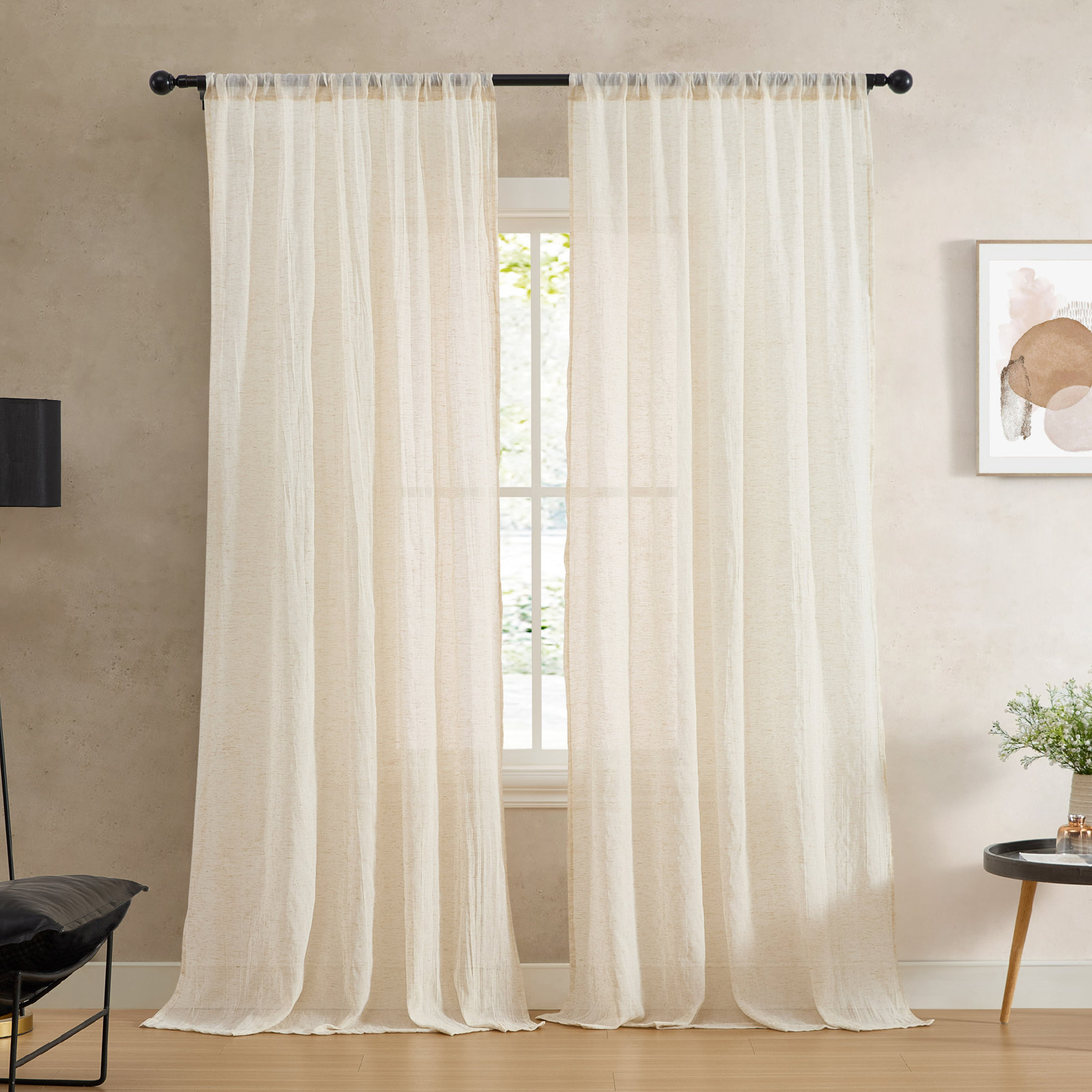 Solid Semi-Sheer Curtain Panel Set, Natural, 50" W x 84" L