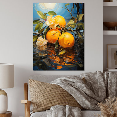 Citron, Sienne sereine, coucher de soleil, lac, fruits, art mural en métal