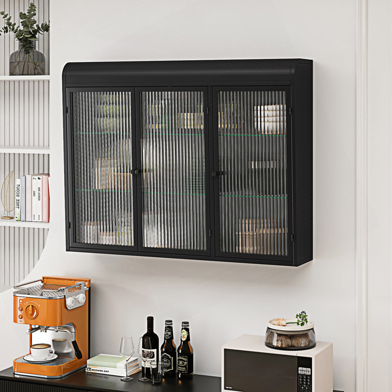 3 Door Arched Wall Mounted Glass Cabinet, Entry Way Cabinet, Black