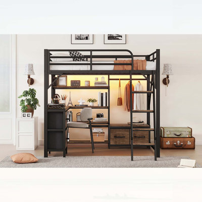 Lit mezzanine double en métal avec bureau, tablettes de rangement, garde-robe et lumières DEL pour une utilisation efficace de l'espace