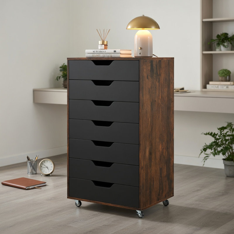  Commode de rangement en bois à 7 tiroirs avec roulettes verrouillables, rangement compact pour chambre ou bureau, brun rustique