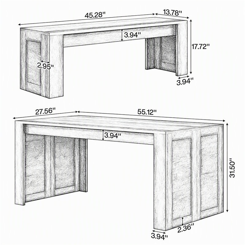 Ensemble de table de salle à manger 55 ", table de cuisine en bois pour 4 à 6 personnes avec 2 bancs, Brun rustique