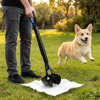 32" Pooper Scooper with Bag Dispenser Attachment, Long Handle for Large & Small Dogs, High-Strength Spring, Foldable No-Bend Poop Picker for Grass & Gravel