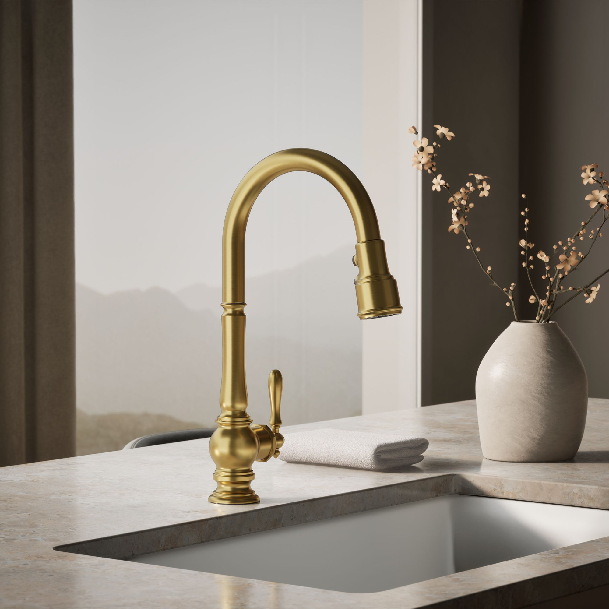 Artifacts Pull Down Single Handle Kitchen Faucet, Vibrant Brushed Moderne Brass