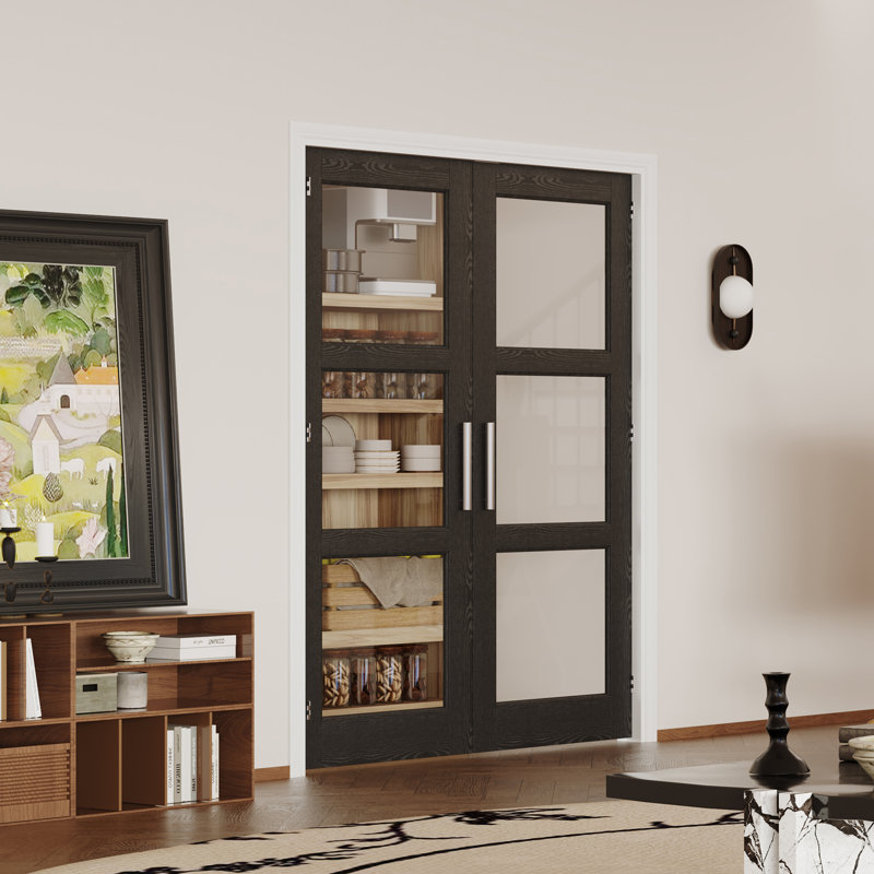 Portes doubles en dalle - 3 portes intérieures en panneau de fibres à densité moyenne en verre transparent au fini noir, finition à peindre (poignée, charnières, loquet et serrure inclus)