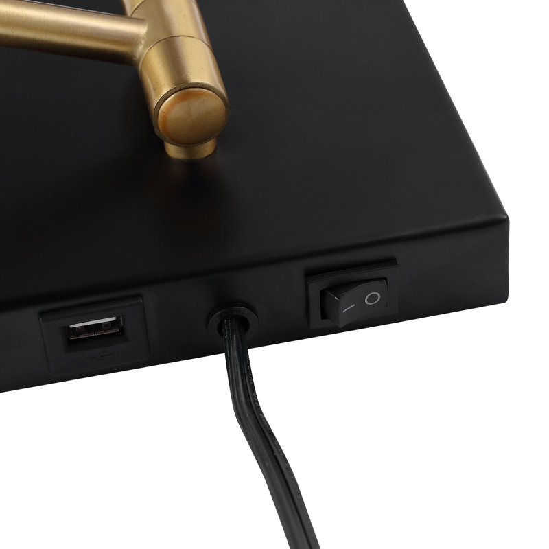 Applique murale portative de charge USB à 1 lumière en fer de style Mid-Century 16 po Jaco, noir / laiton doré, Noir