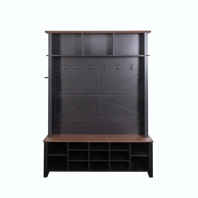 Hall Tree with 6 Hooks, Practical Walnut Entryway Bench with Adjustable Shelves, Black