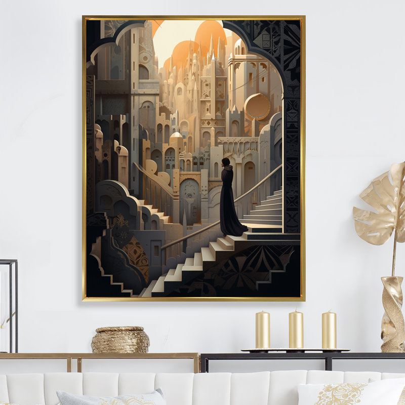 Arabic City V - Surrealism Landscape Canvas Wall Art, 20'' H x 12'' W x 1" D, Gold Floater Framed