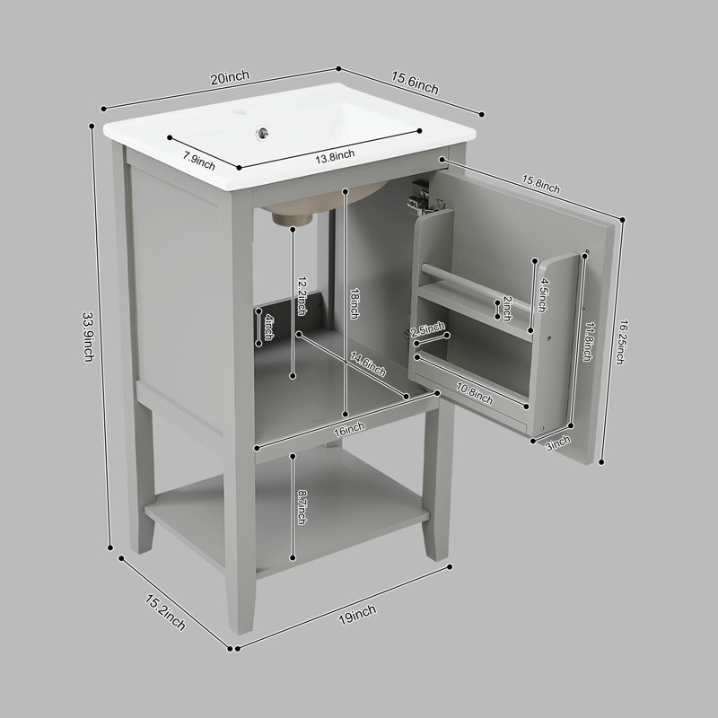 Meuble-lavabo de 20 po avec lavabo, support de rangement et tablette ouverte, Gris