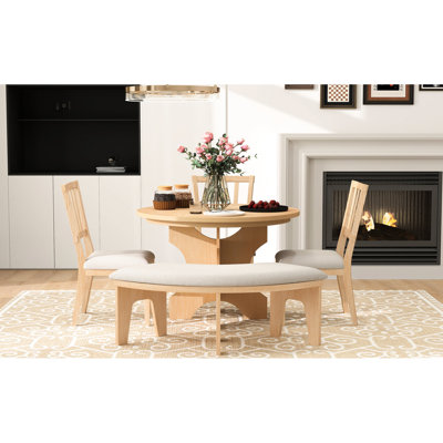 Ensemble de 5 pièces de salle à manger rondes comprenant 3 chaises rembourrées et un banc pour plusieurs environnements. Sièges de charme rustique au design moderne avec des courbes variées.