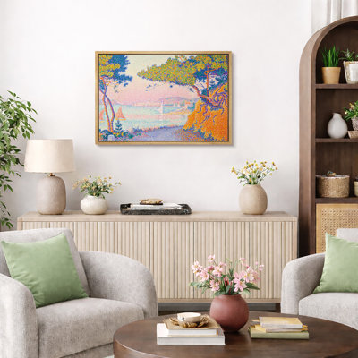 Colourful Pointillist Coastal Landscape Artwork, Living Room Pictures, Framed Canvas Giclee Print Wall Art.