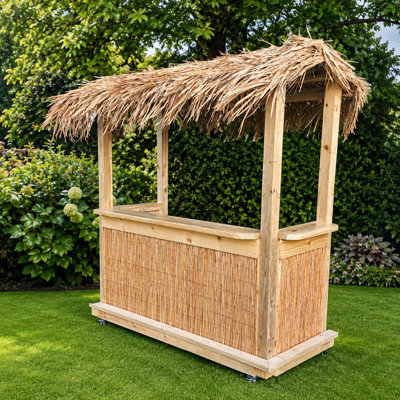 7 Ft. X 3 Ft. Outdoor Tiki Bar With Thatched Roof And Reed-style Front Panel
