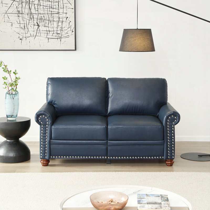 Classic Living Room Nails Sofa Faux Leather, Navy Blue, 34.5" H x 59.45" W x 31.89" D