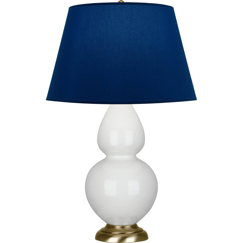 Lampe de table double gourde en céramique, Bleu marine/gris, Lys émaillé / laiton, Laiton
