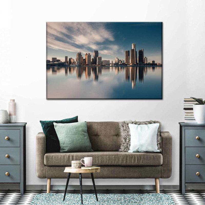 «Detroit Skyline Reflection» sur impression sur toile, H 8 po x l 12 po x P 1 po