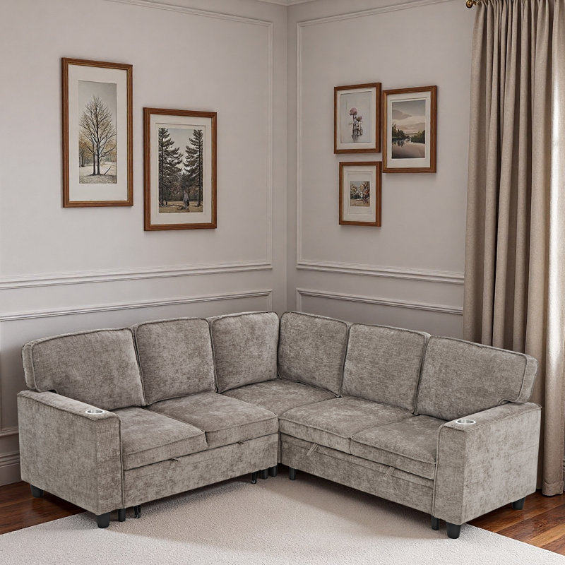 Canapé modulaire en L avec siège de rangement, porte-clés USB et porte-gobelets, Chenille brun clair
