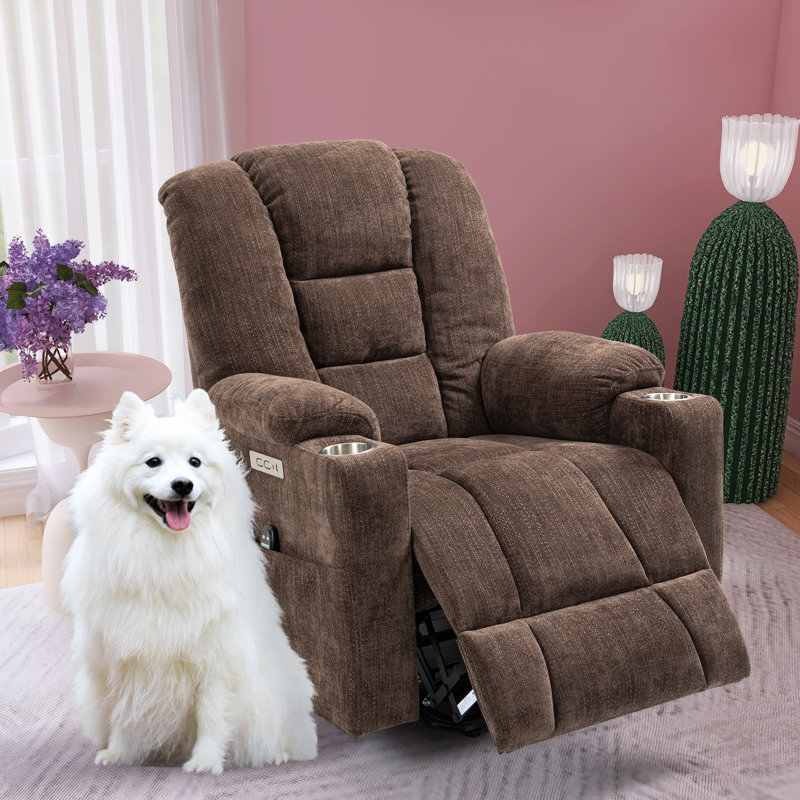 Brisen 34.25"W Chenille Power Liftable Heated Recliner, Remote, USB Port, Brown
