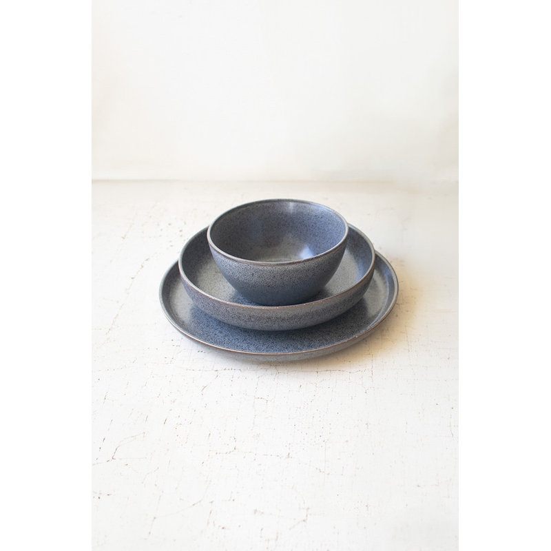  Service de table 6 pièces en céramique Stonewash avec assiette à salade et bol bleu
