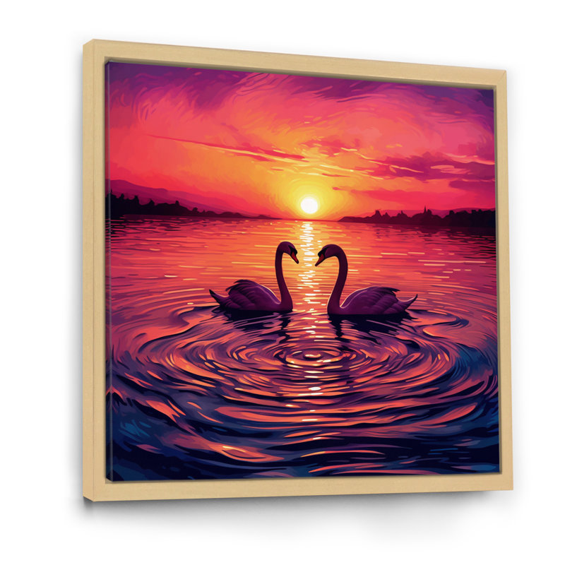 Cygnes amoureux, coucher de soleil romantique I, 36" H x 36" W, Cadre naturel flottant