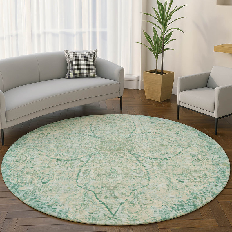 Premium Machine Washable Mayfield AMF2136 global Rug, Teal, 8' Round