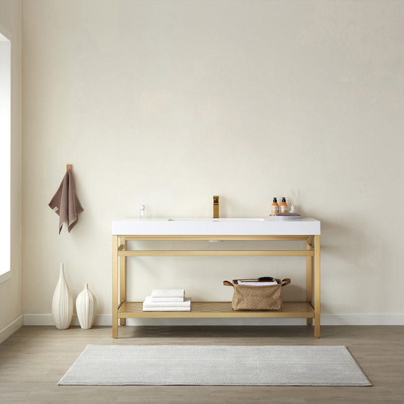 Ensemble de meuble-lavabo 60 po Waite, Blanc, Or brossé / blanc, Simple trou