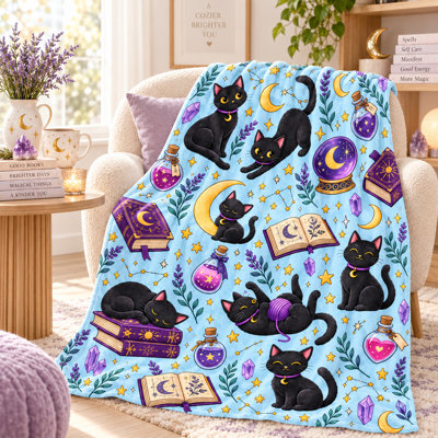 Celestial Black Cat Flannel Blanket, Moon Crystal Potion Book Star Throw with Blue Mystic Pattern for Couch Sofa Bed Witchy Room Decor Gift, 50 x 60 in