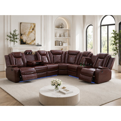 3-Pieces 210" Breathing Leather Power Reclining Theatre Sectional with Wireless Chargers and LED Lighting