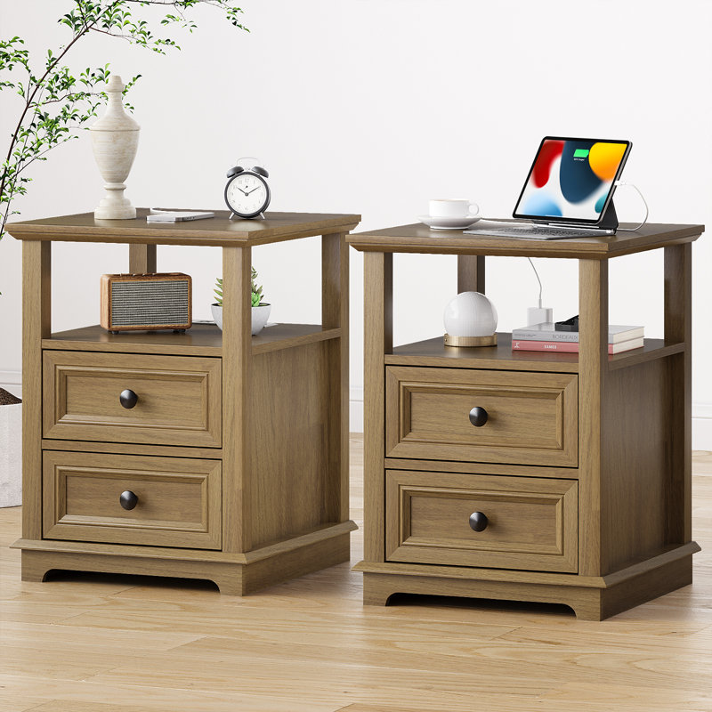 Azella Frame 2 End Table Set with Storage and Built-In Outlets, Light Brown Top/Light Brown Base