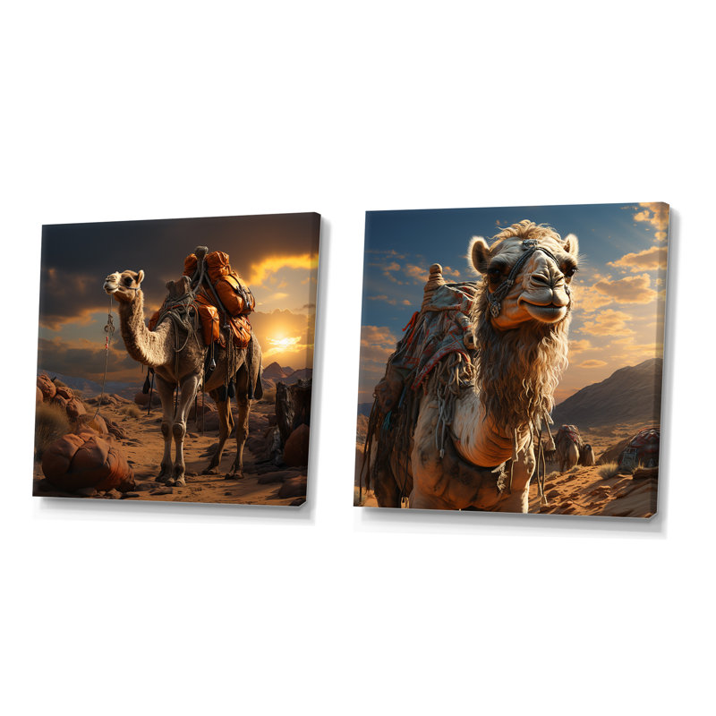 Majestic Camel Desert Wanderer I - ensemble de 2 impressions sur toile chameau, Toile tendue, H 16 po x l 33 po x P 1 po